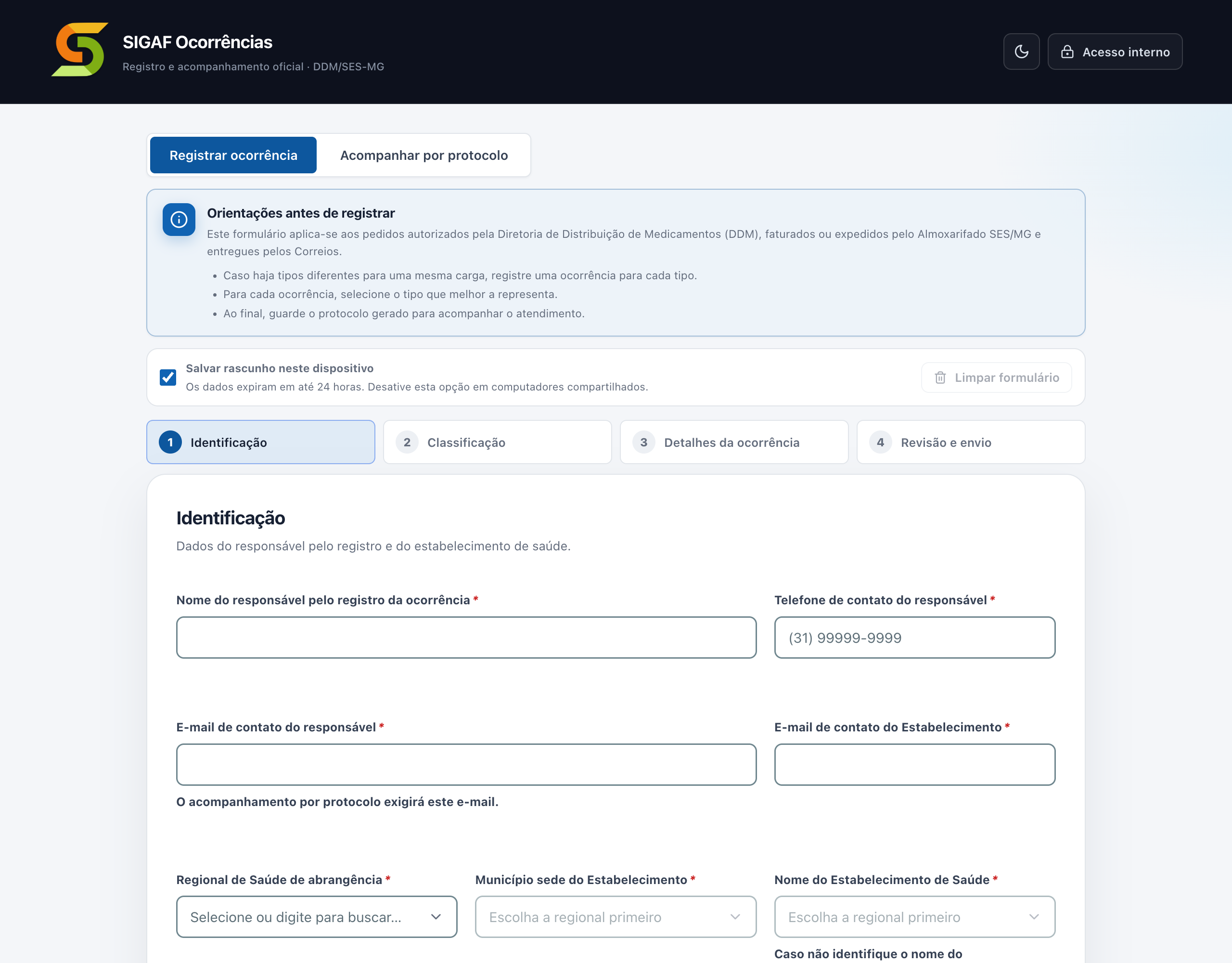 Tela inicial do canal público com as abas Registrar ocorrência e Acompanhar por protocolo