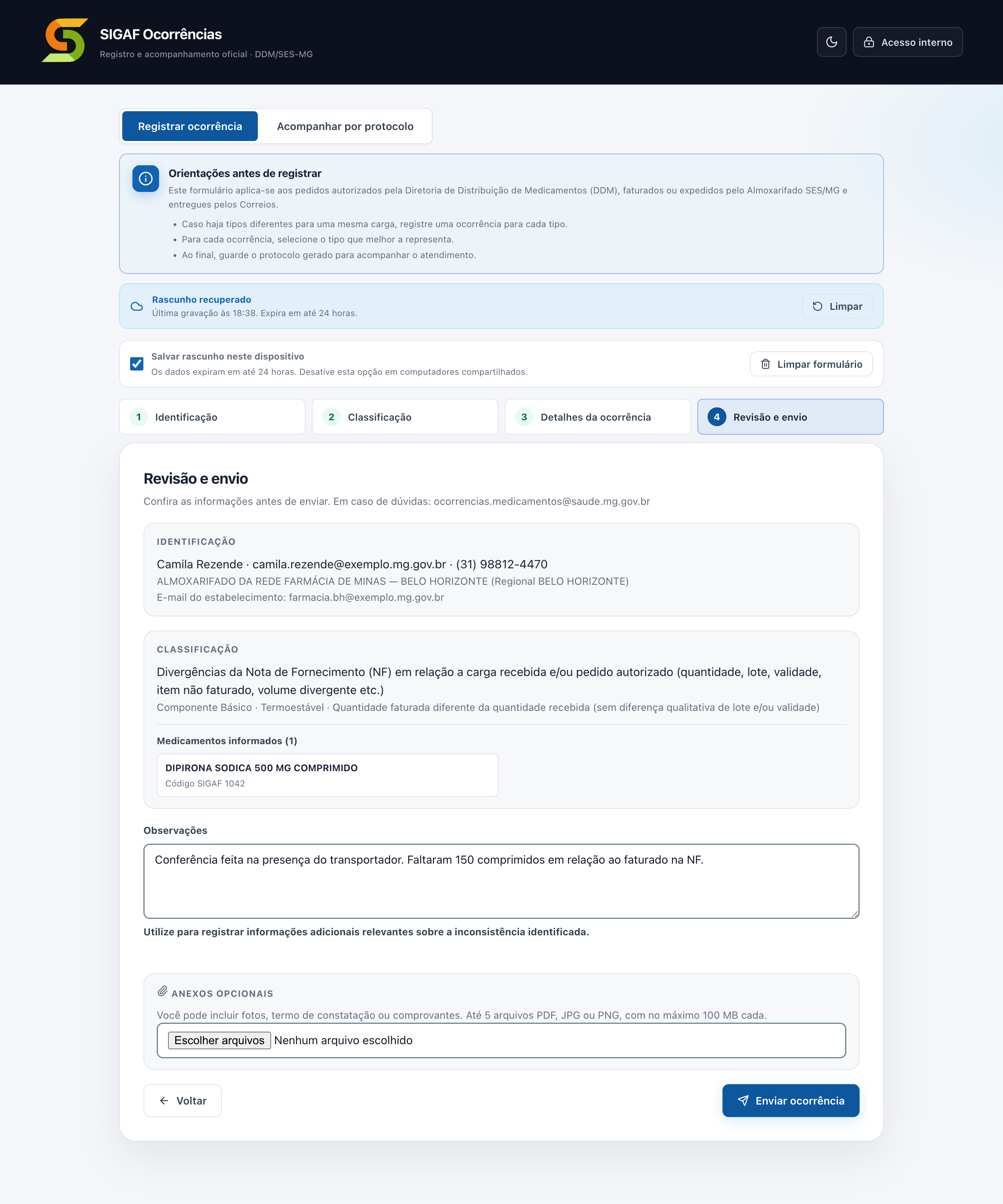 Etapa 4 de revisão, com o resumo de todos os dados informados