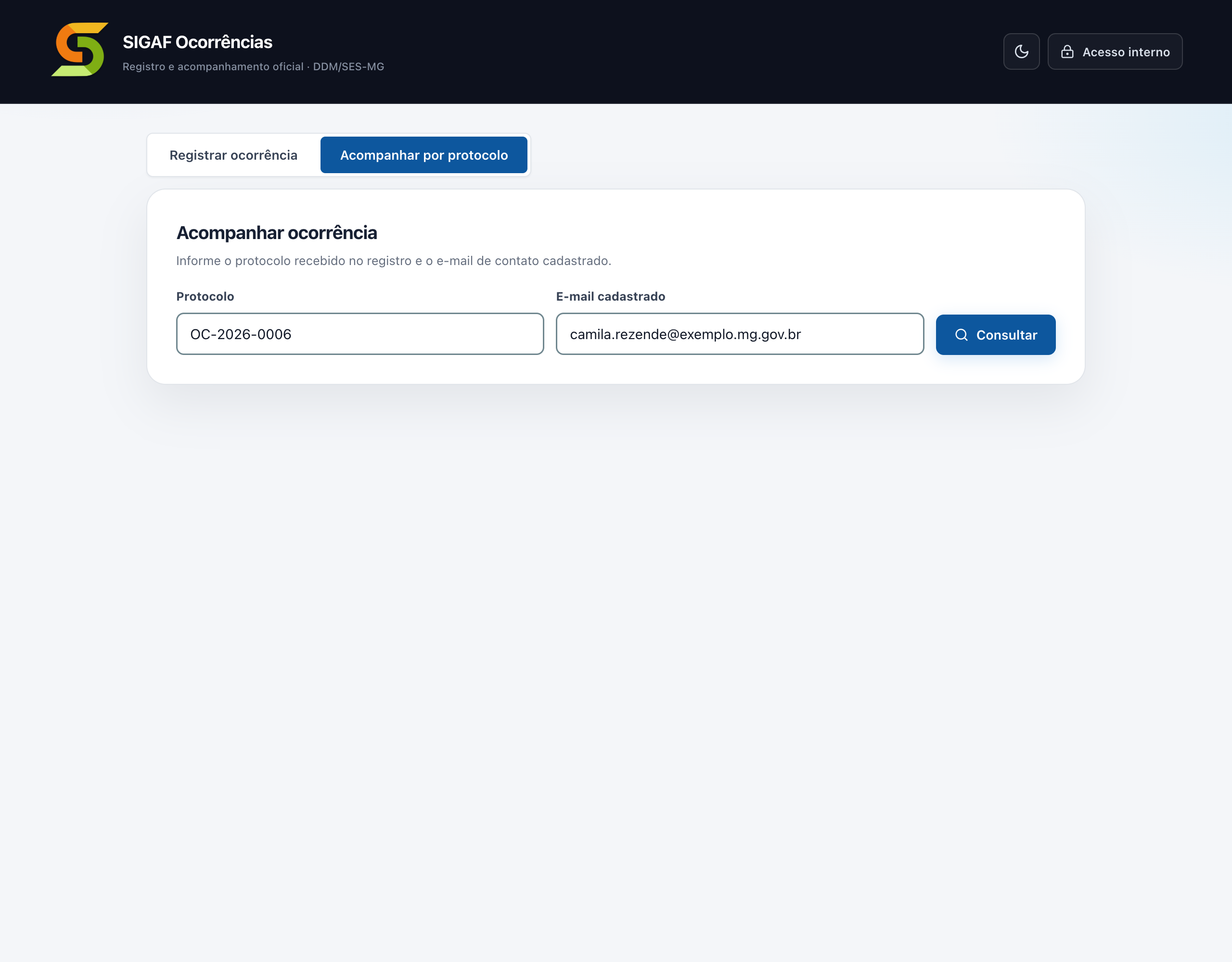 Formulário de consulta por protocolo e e-mail