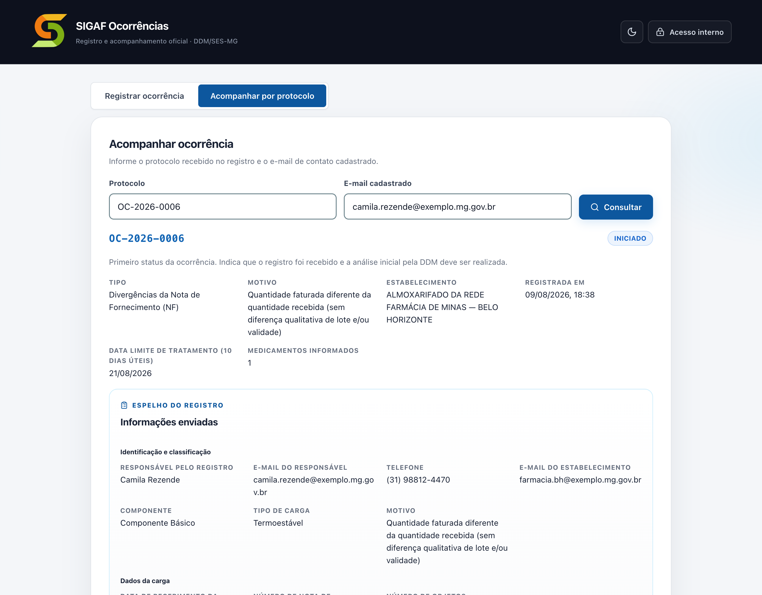 Resultado da consulta, com protocolo, status e prazo
