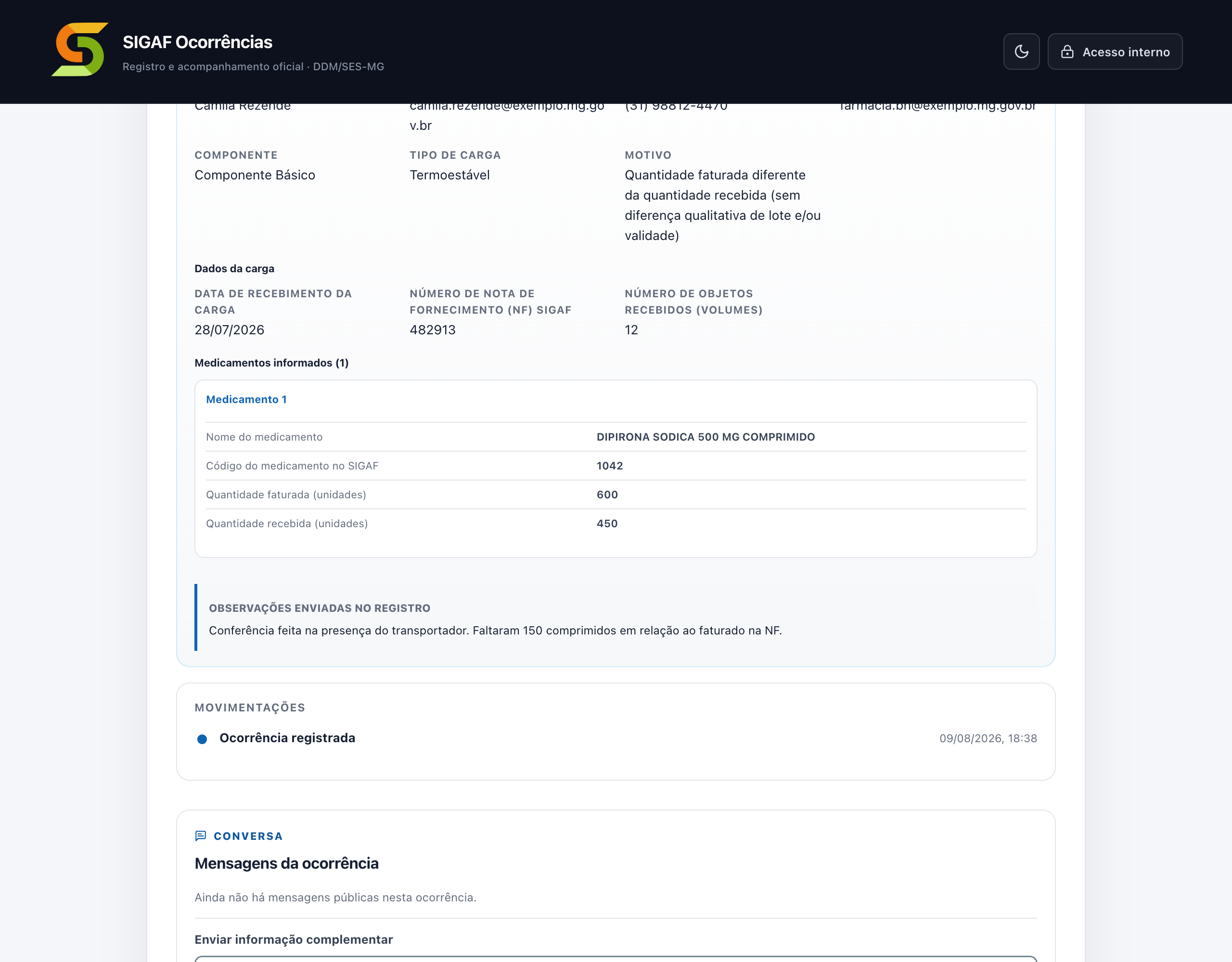 Bloco de informações enviadas na tela de acompanhamento