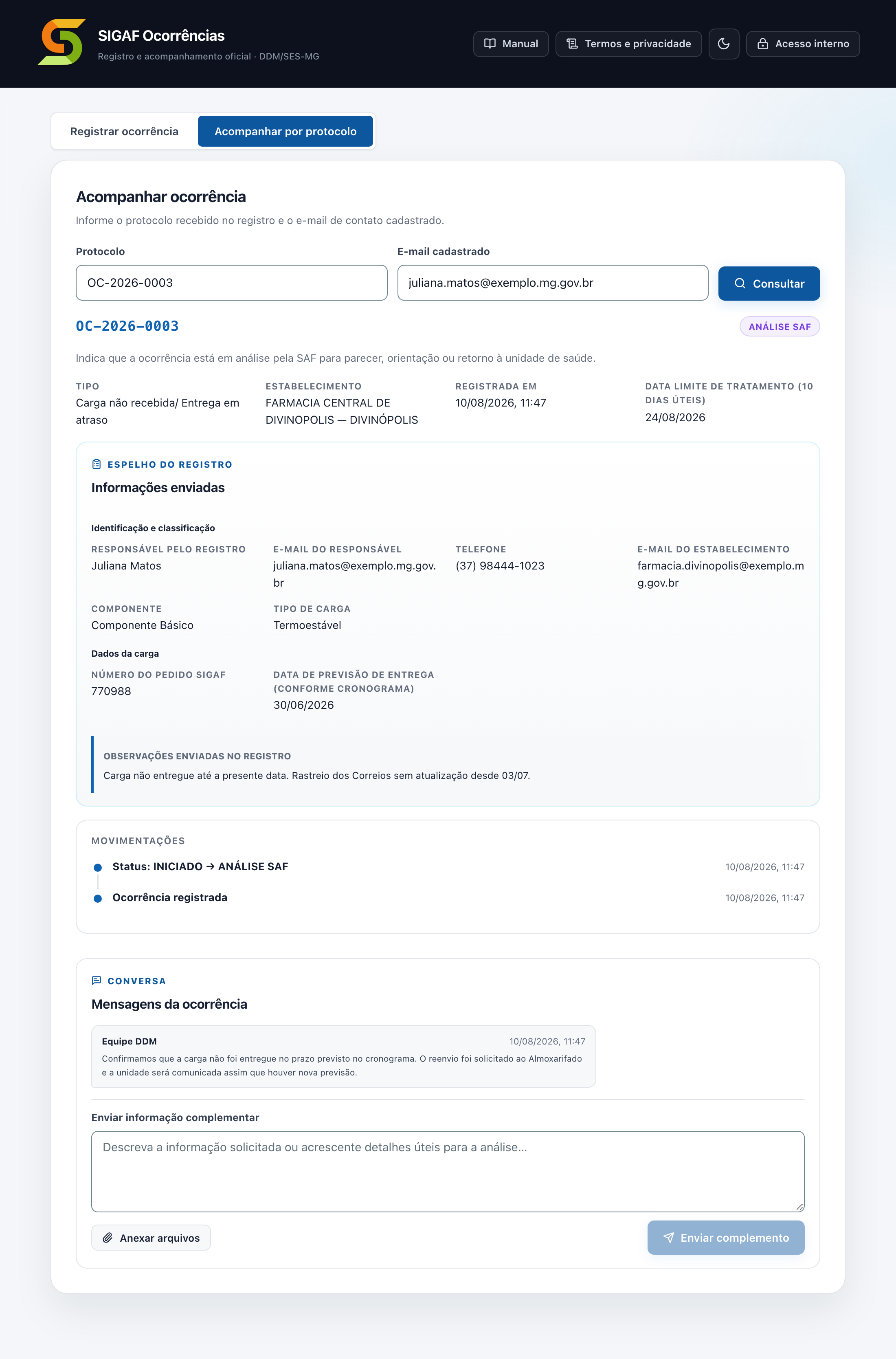 Consulta de uma ocorrência com status Análise SAF: dados do registro, movimentações e uma resposta da Equipe DDM em Mensagens da ocorrência
