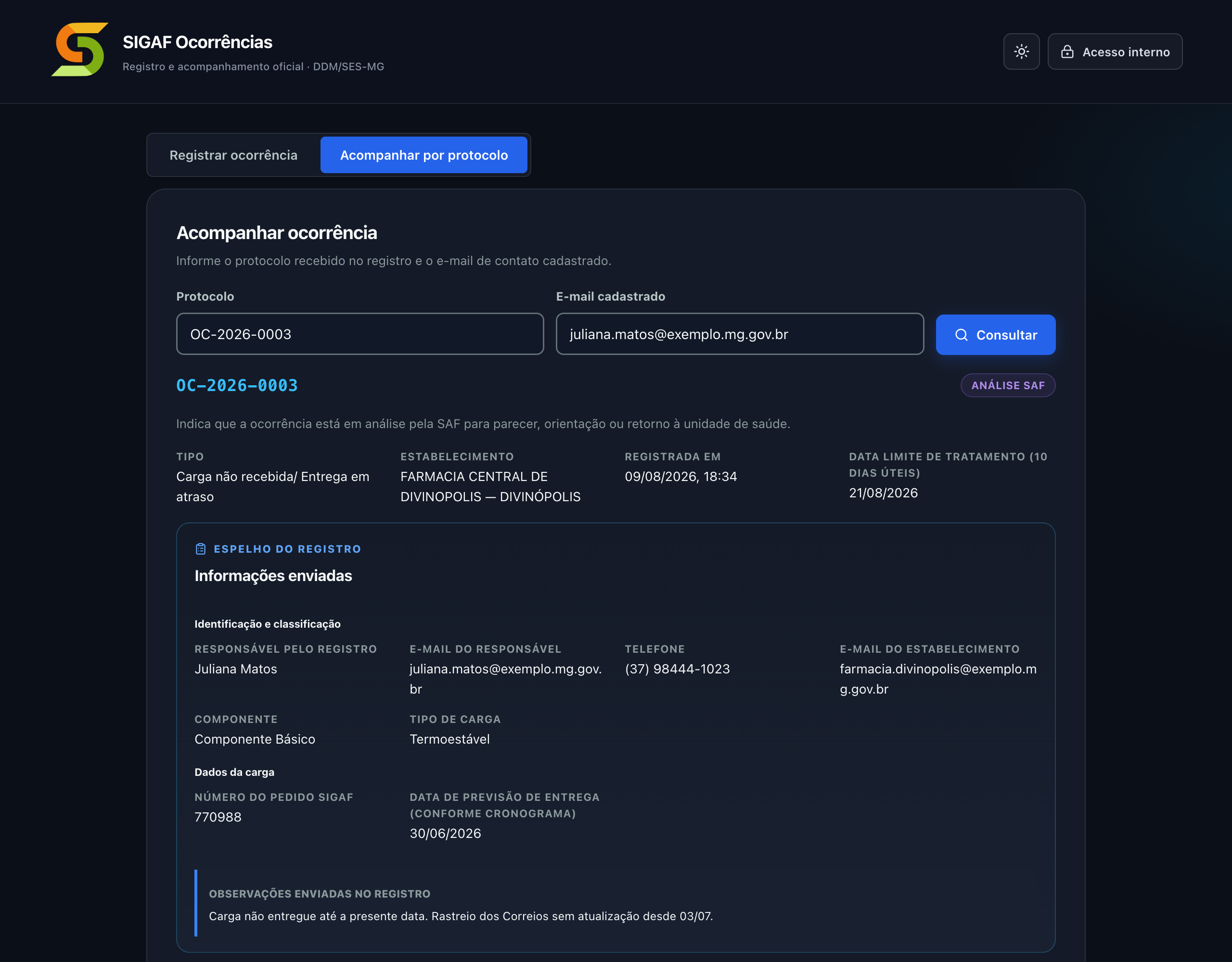 O canal público em modo escuro