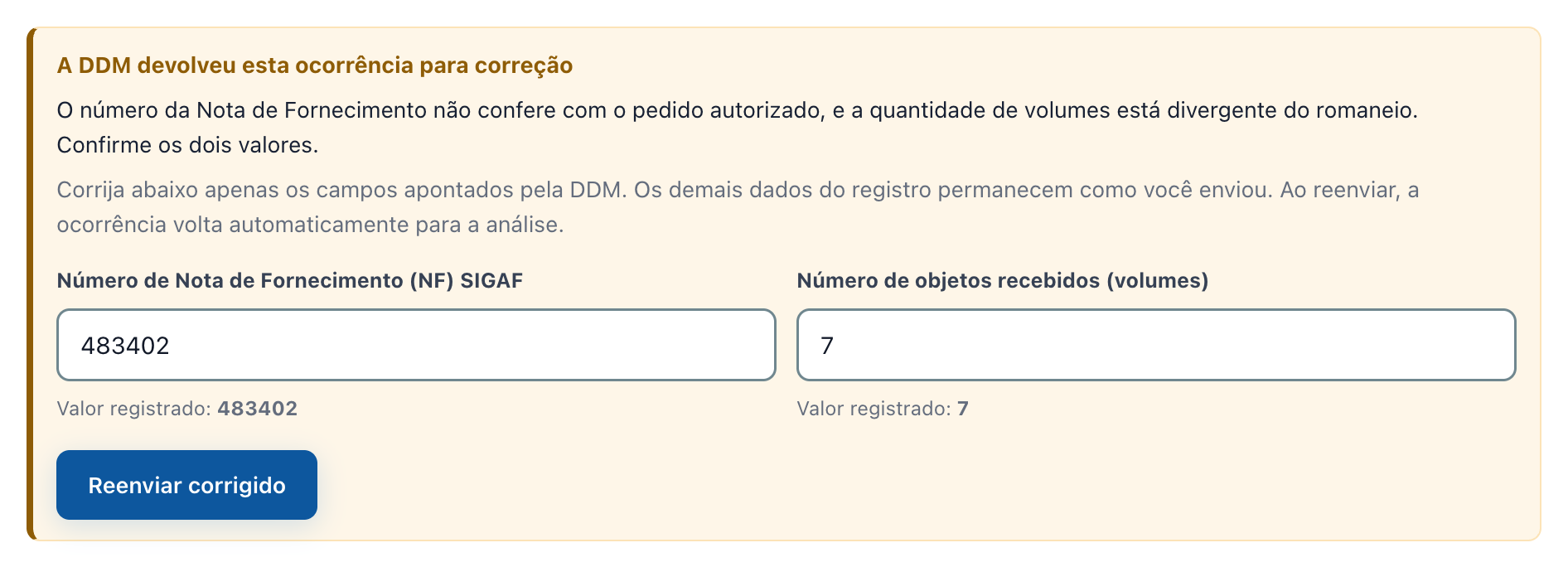 Aviso de correção com os campos liberados para edição