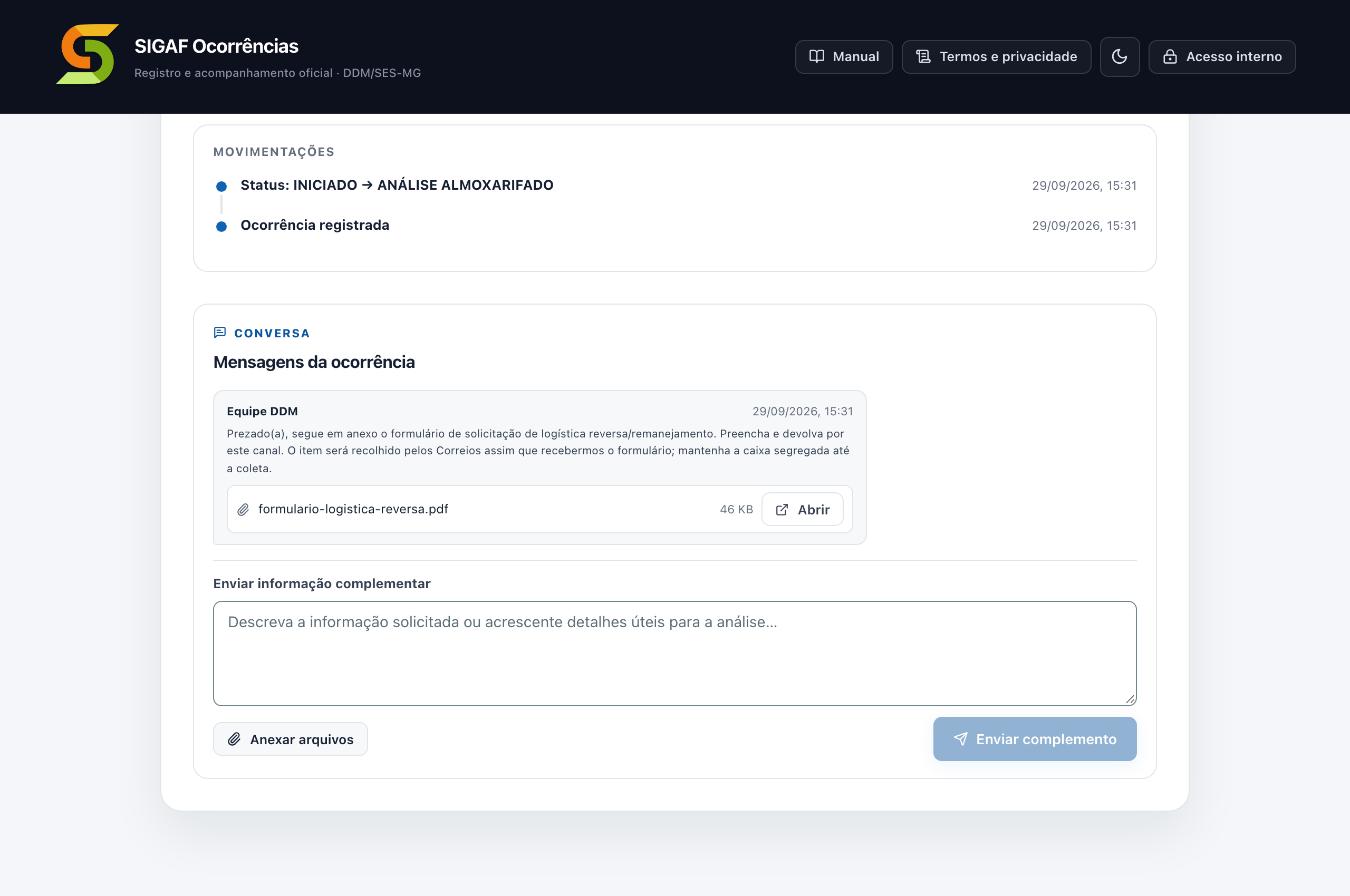 Mensagem da Equipe DDM em Mensagens da ocorrência, com o arquivo formulario-logistica-reversa.pdf, o tamanho e o botão Abrir